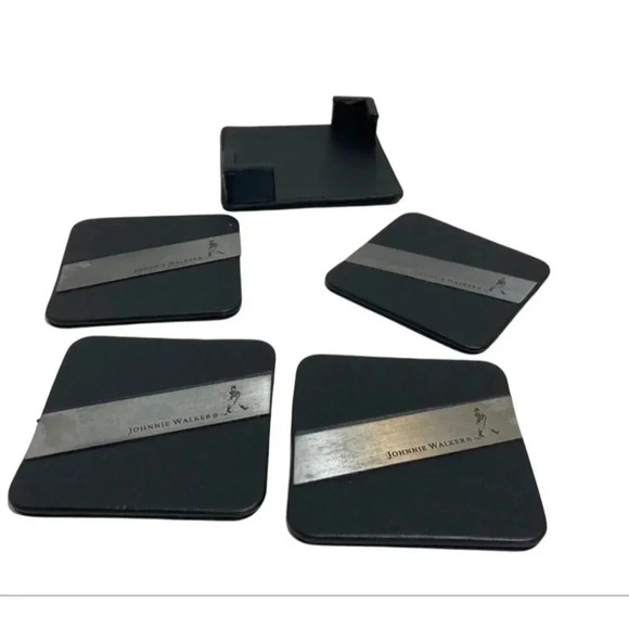 Set of 4 Johnnie Walker Leather Coaster Black Silver Band 10x10 - Picture 2 of 7